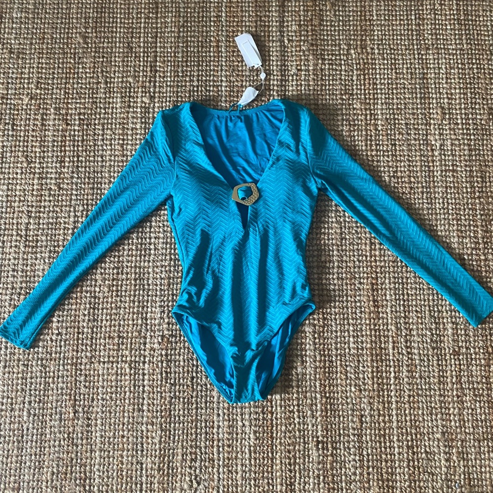 Trina Turk Teal Long Sleeve One-Piece Swimsuit with Gold Accent